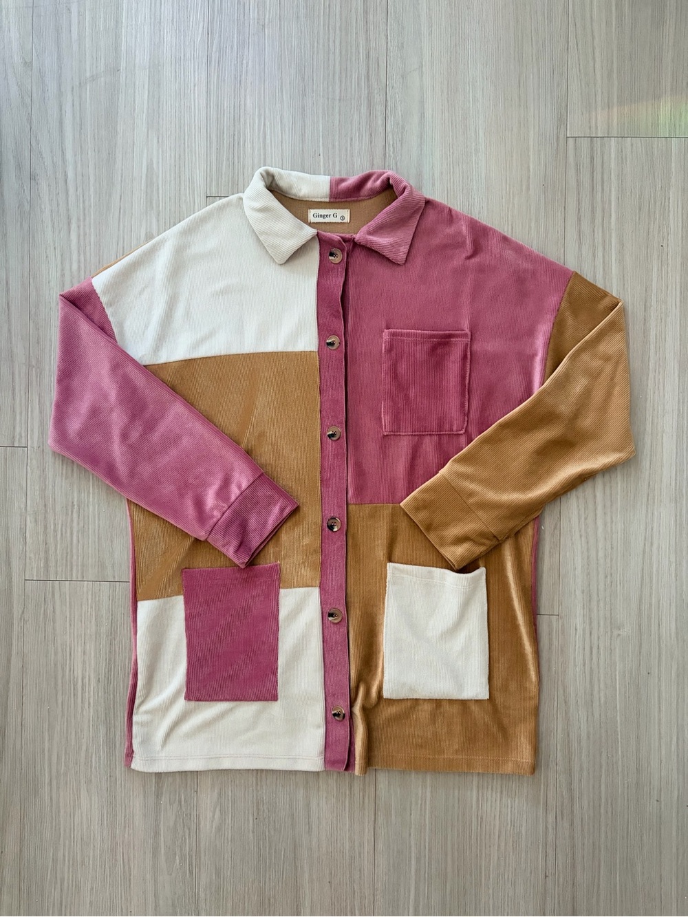 Ginger G Colorblock Button-Up Shirt Jacket in Dusty Rose, Cream & Tan
